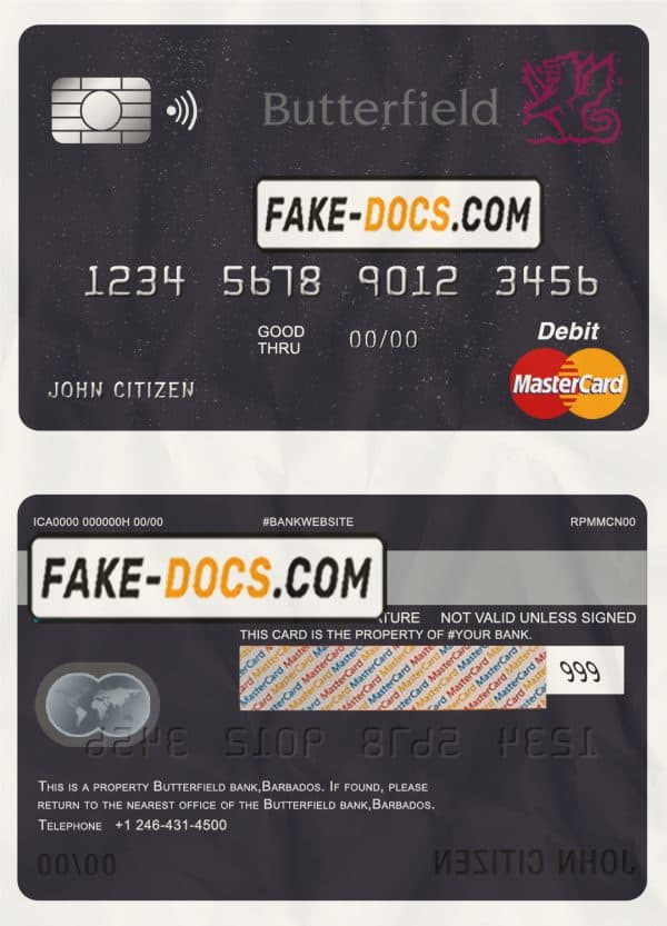 Barbados Butterfield bank mastercard debit card template in PSD format, fully editable
