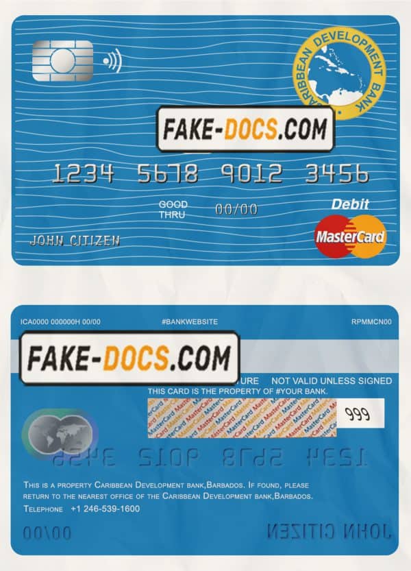 Barbados Caribbean Development Bank mastercard debit card template in PSD format, fully editable
