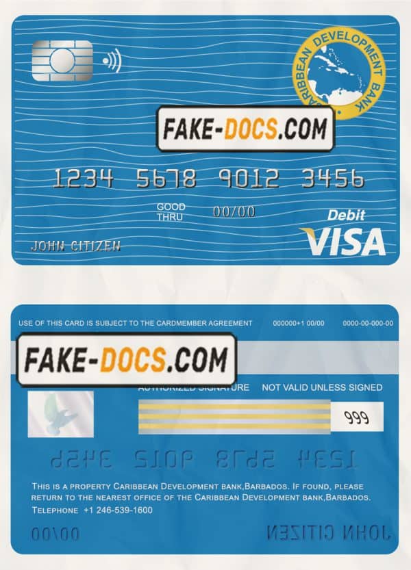Barbados Caribbean Development Bank visa card debit card template in PSD format, fully editable
