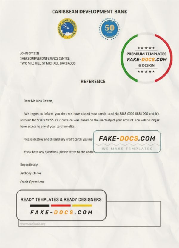 Barbados Caribbean Development Bank account closure reference letter template in Word and PDF format