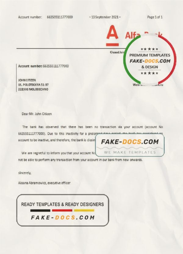 Belarus Alfa bank account closure reference letter template in Word and PDF format
