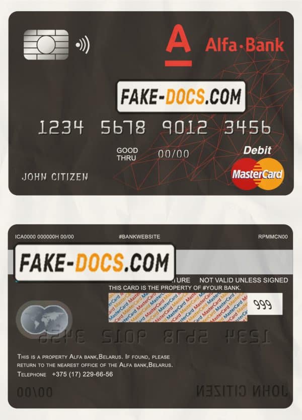 Belarus Alfa bank mastercard debit card template in PSD format, fully editable