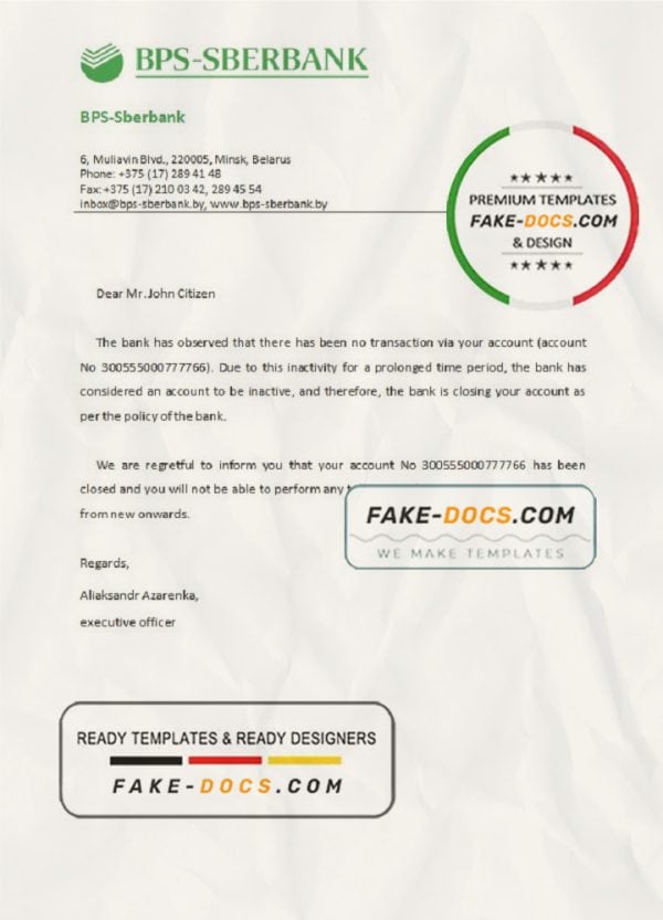 Belarus BPS-SBERBANK bank account closure reference letter template in Word and PDF format