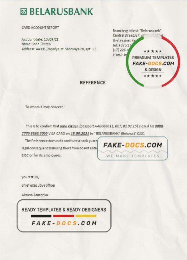 Belarus Belarusbank bank account closure reference letter template in Word and PDF format