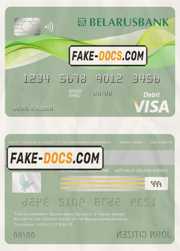 Belarus Belarusbank bank visa card debit card template in PSD format, fully editable