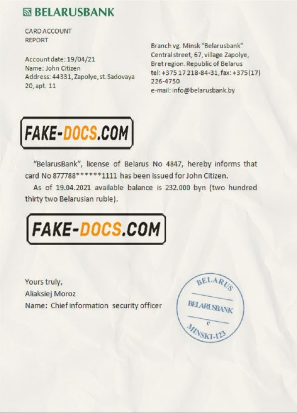 Belarus Belarusbank bank account reference letter template in Word and PDF format