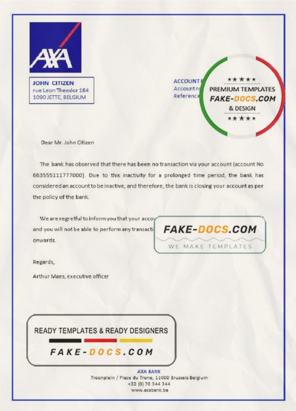 Belgium AXA bank account closure reference letter template in Word and PDF format
