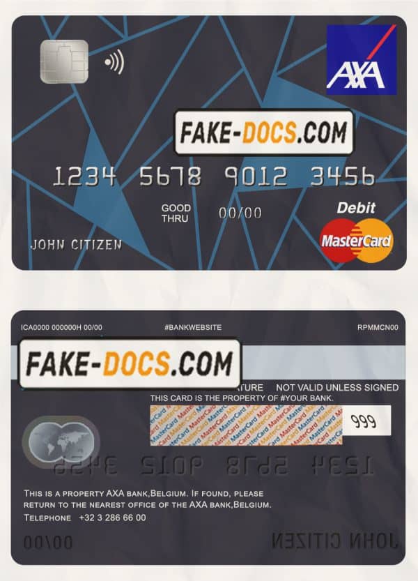 Belgium AXA bank mastercard debit card template in PSD format, fully editable