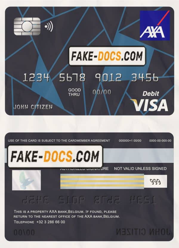 Belgium AXA bank visa card debit card template in PSD format, fully editable