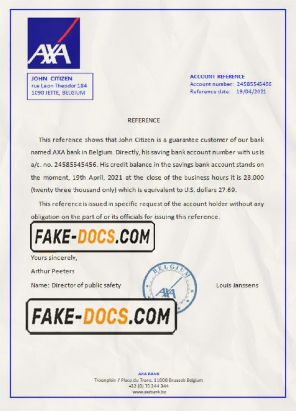 Belgium AXA bank account reference letter template in Word and PDF format