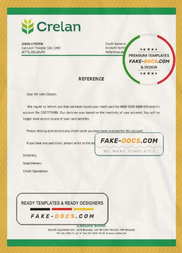 Belgium Crelan bank account closure reference letter template in Word and PDF format
