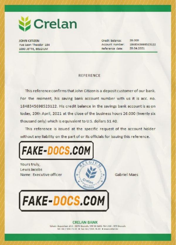 Belgium Crelan bank account reference letter template in Word and PDF format