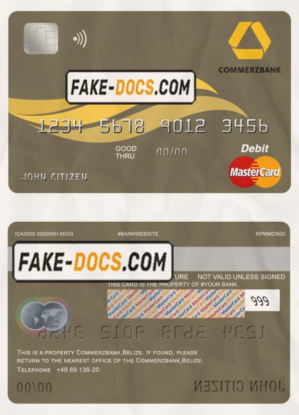 Belize Commerzbank mastercard debit card template in PSD format, fully editable