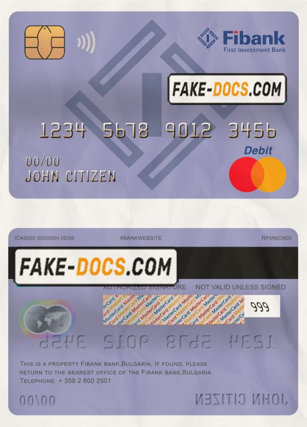 Bulgaria Fibank bank mastercard debit card template in PSD format, fully editable scan