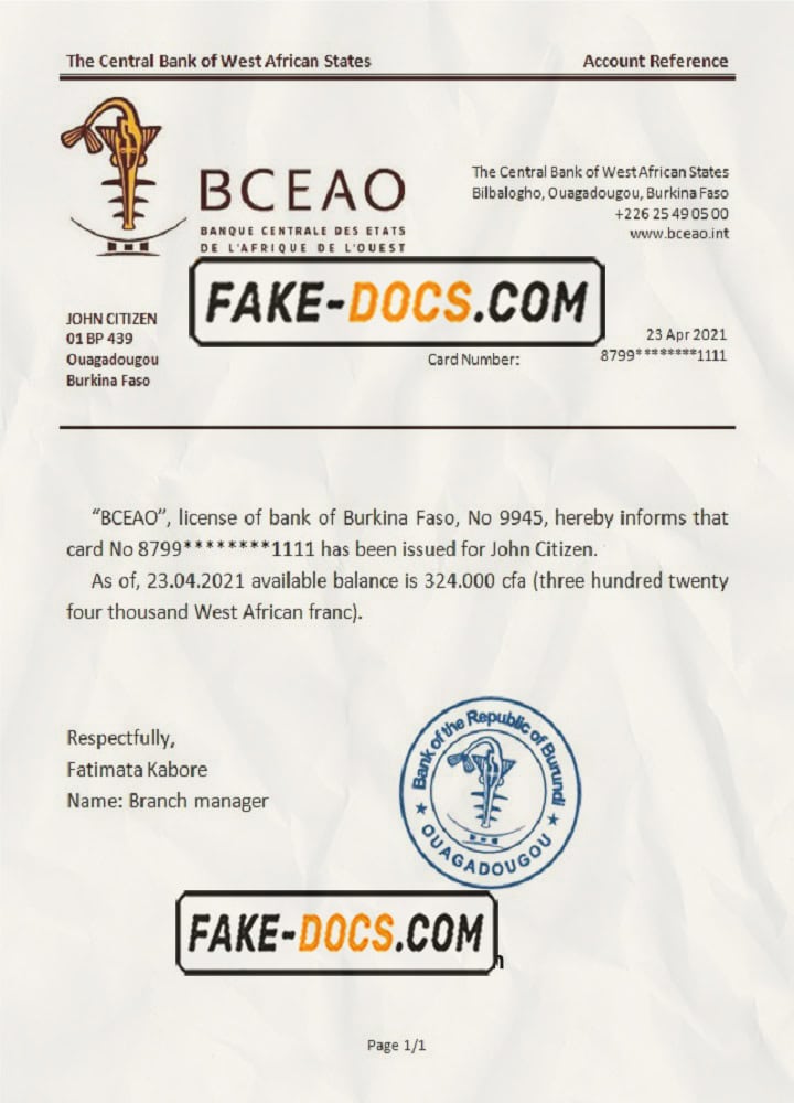 Burkina Faso The Central Bank of West African States bank reference letter template in Word and PDF format Burkina Faso The Central Bank of West African States bank reference letter template in Word and PDF format