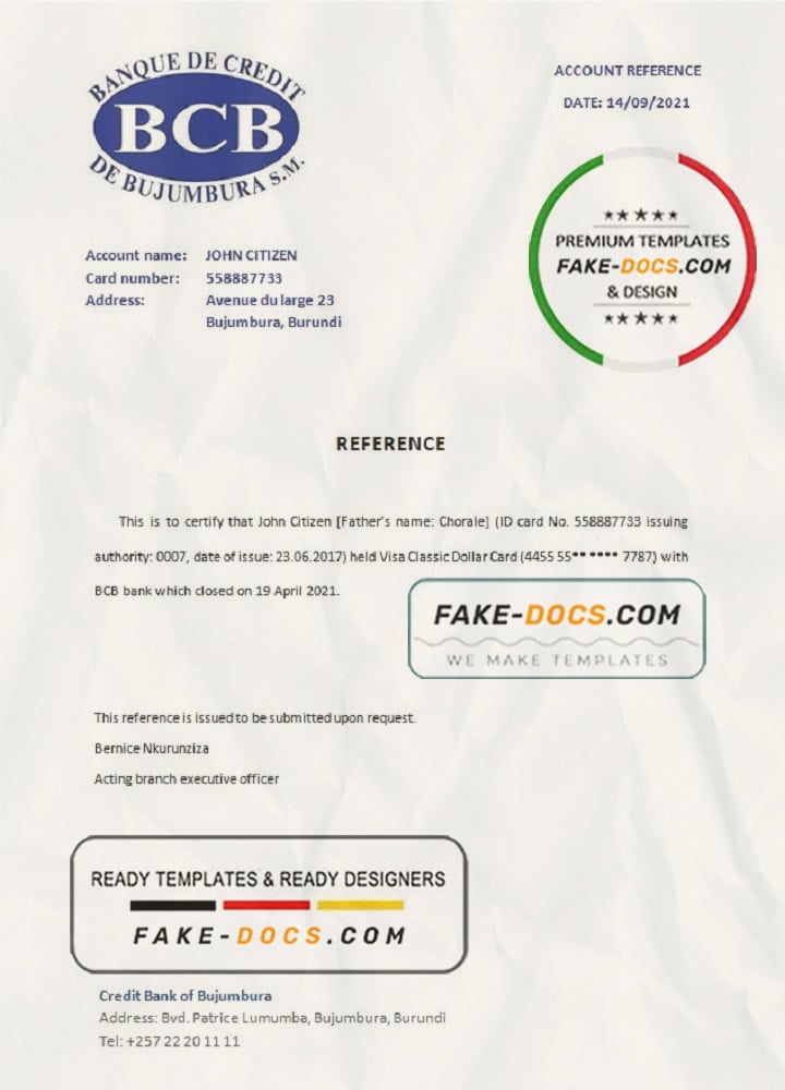 Burundi Credit Bank of Bujumbura bank account closure reference letter template in Word and PDF format Burundi Credit Bank of Bujumbura bank account closure reference letter template in Word and PDF format