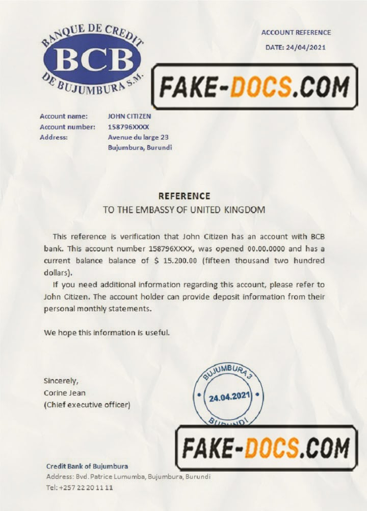 Burundi Credit Bank of Bujumbura bank account reference letter template in Word and PDF format Burundi Credit Bank of Bujumbura bank account reference letter template in Word and PDF format