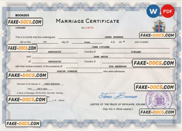 Iceland marriage certificate Word and PDF template, completely editable scan