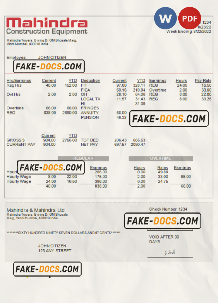 India Mahindra & Mahindra Ltd automotive industry company pay stub Word and PDF template scan