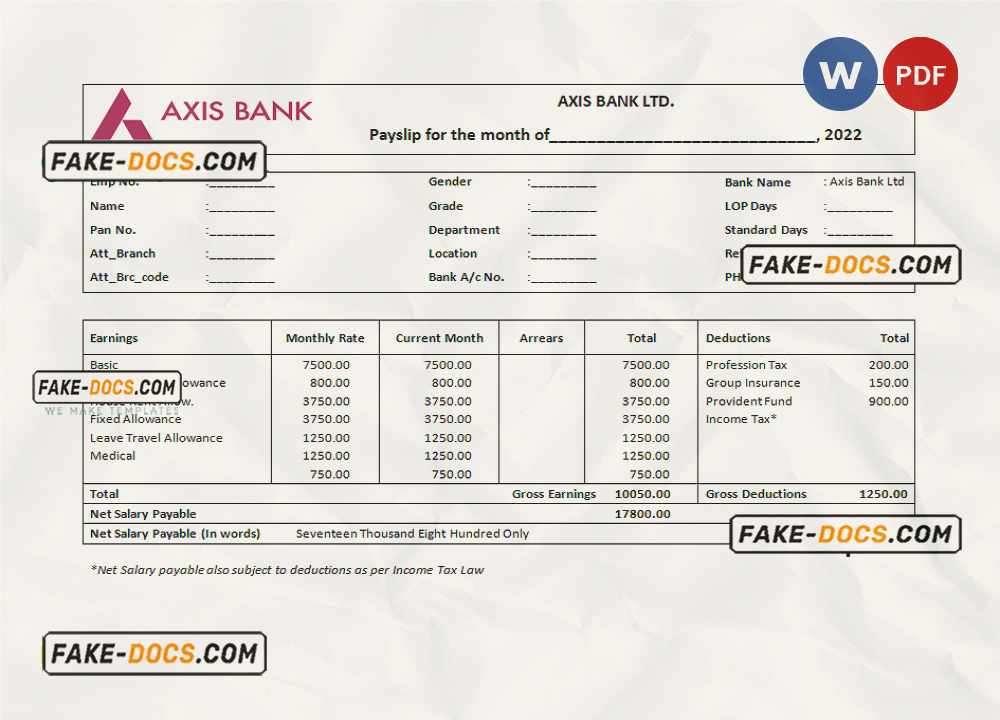 India financial company employee sheet template in Word and PDF format scan