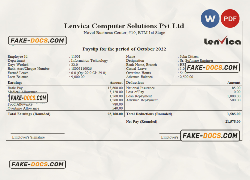 India Lenvica computer solutions company pay stub Word and PDF template scan