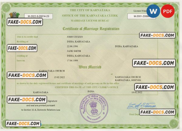 India marriage certificate Word and PDF template, fully editable scan