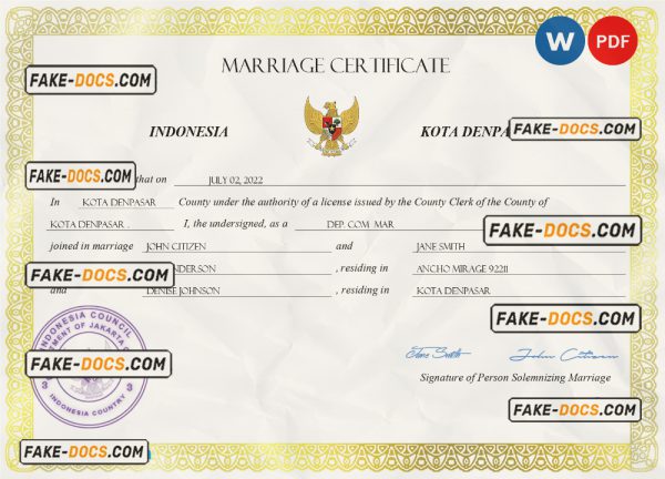Indonesia marriage certificate Word and PDF template, completely editable scan