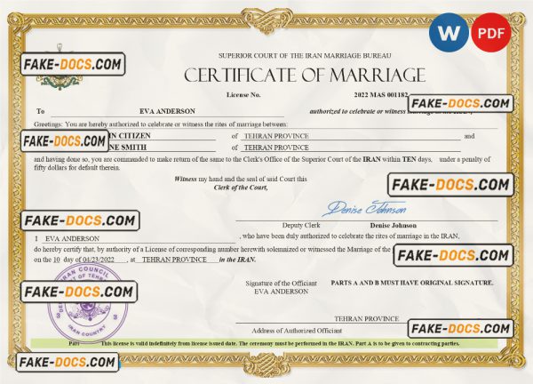 Iran marriage certificate Word and PDF template, fully editable scan