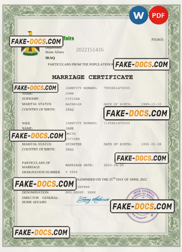 Iraq marriage certificate Word and PDF template, completely editable scan