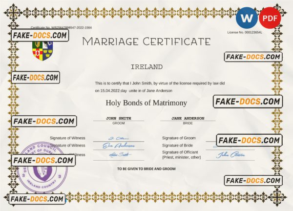 Ireland marriage certificate Word and PDF template, fully editable scan