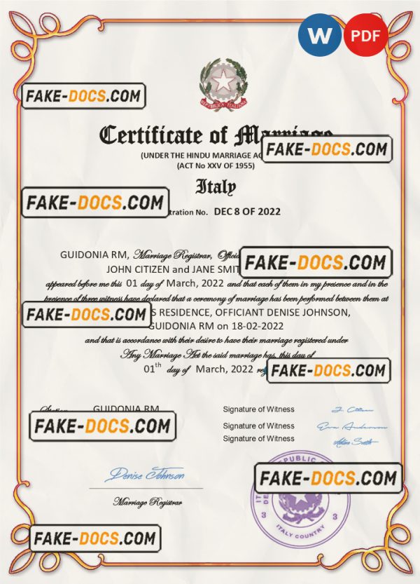 Italy marriage certificate Word and PDF template, fully editable scan
