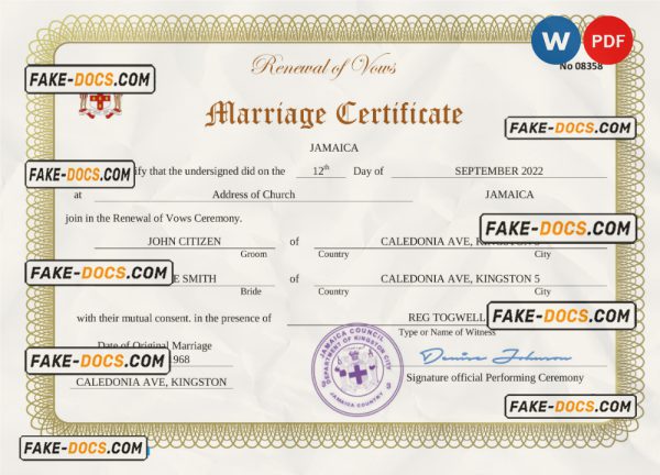 Jamaica marriage certificate Word and PDF template, completely editable scan