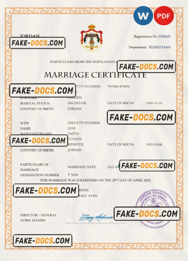 Jordan marriage certificate Word and PDF template, completely editable scan