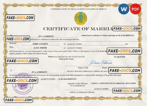 Kazakhstan marriage certificate Word and PDF template, fully editable scan