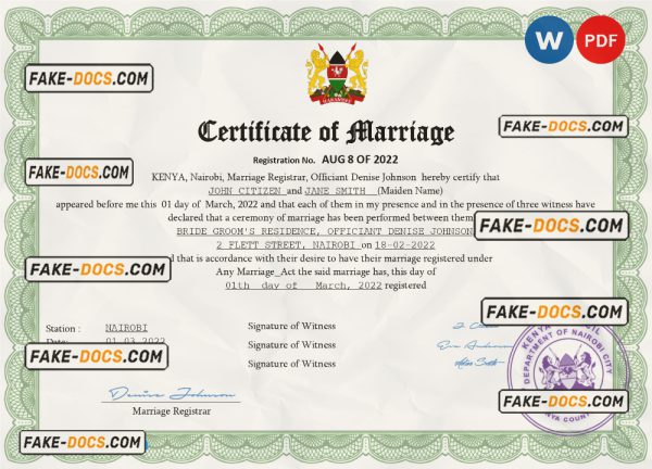 Kenya marriage certificate Word and PDF template, completely editable scan