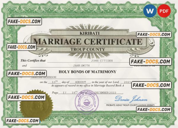 Kiribati marriage certificate Word and PDF template, fully editable scan