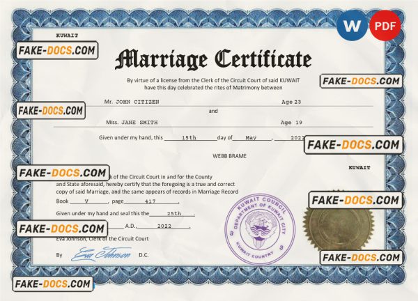 Kuwait marriage certificate Word and PDF template, completely editable scan