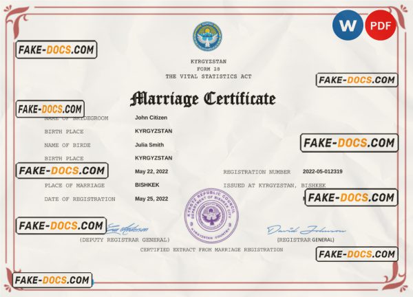 Kyrgyzstan marriage certificate Word and PDF template, fully editable scan