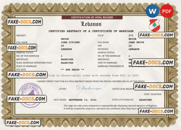Labanon marriage certificate Word and PDF template, completely editable scan