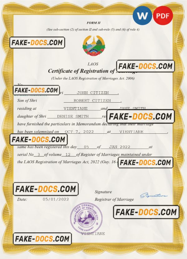 Laos marriage certificate Word and PDF template, completely editable scan