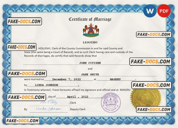 Lesotho marriage certificate Word and PDF template, fully editable scan