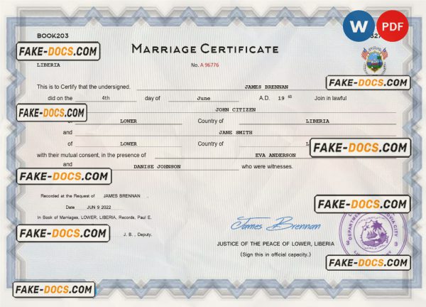 Liberia marriage certificate Word and PDF template, completely editable scan