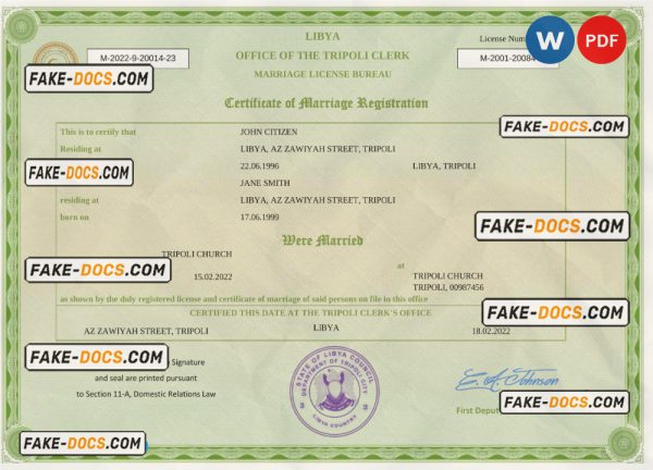 Libya marriage certificate Word and PDF template, fully editable scan