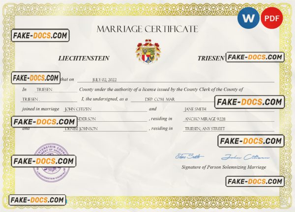 Liechtenstein marriage certificate Word and PDF template, completely editable scan