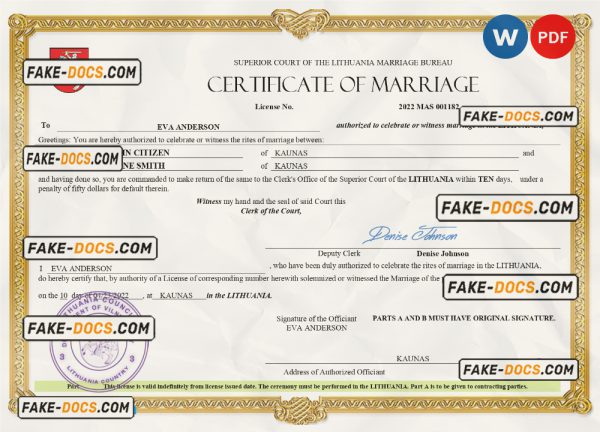 Lithuania marriage certificate Word and PDF template, fully editable scan