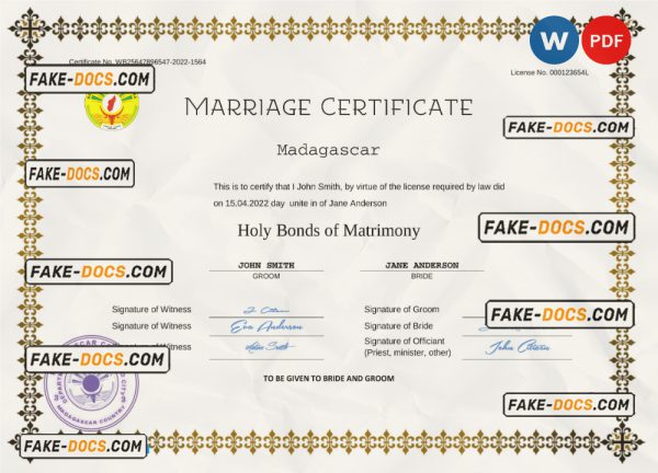 Madagascar marriage certificate Word and PDF template, fully editable scan