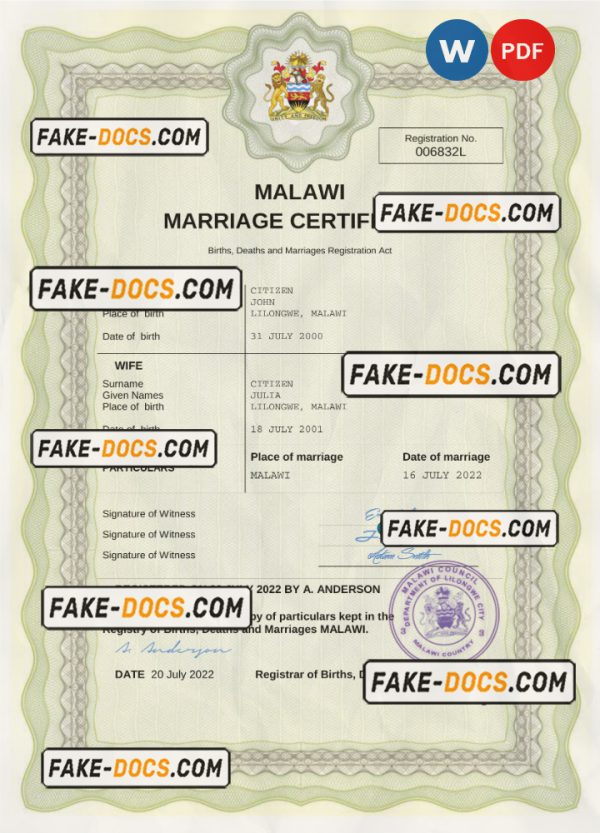 Malawi marriage certificate Word and PDF template, completely editable