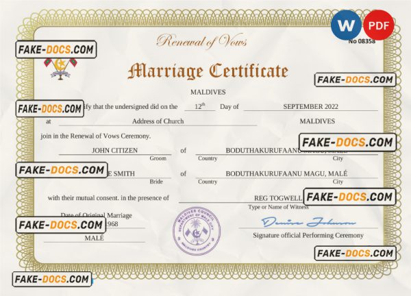 Maldives marriage certificate Word and PDF template, completely editable scan