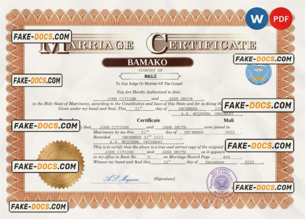 Mali marriage certificate Word and PDF template, fully editable scan