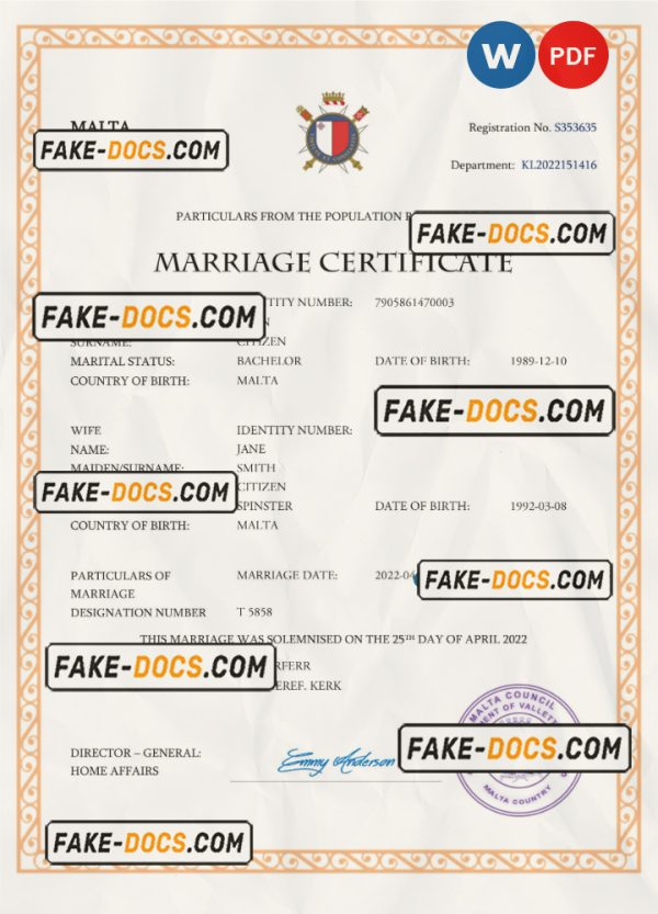 Malta marriage certificate Word and PDF template, completely editable scan